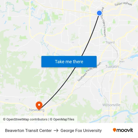 Beaverton Transit Center to George Fox University map