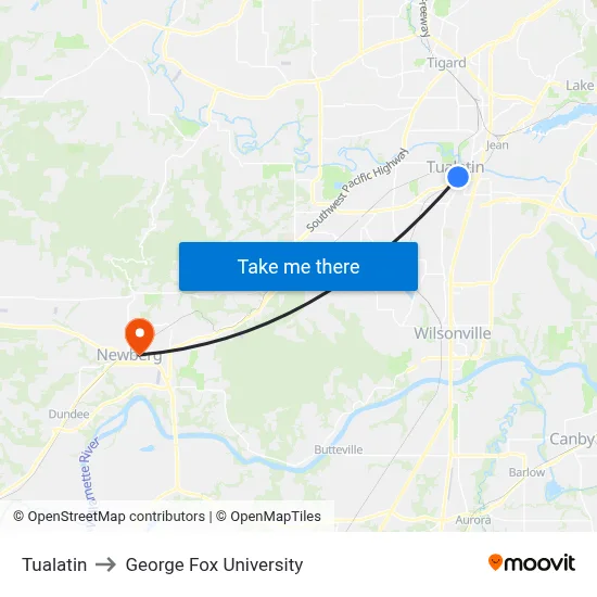 Tualatin to George Fox University map