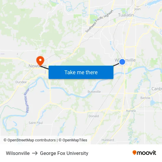 Wilsonville to George Fox University map