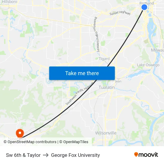 Sw 6th & Taylor to George Fox University map
