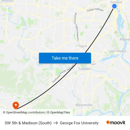 SW 5th & Madison (South) to George Fox University map