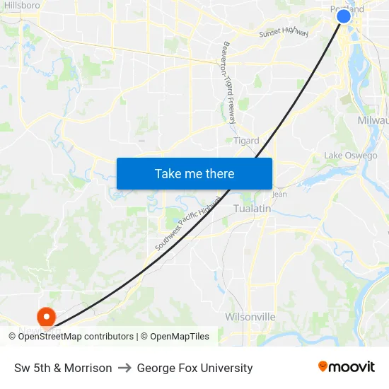 Sw 5th & Morrison to George Fox University map