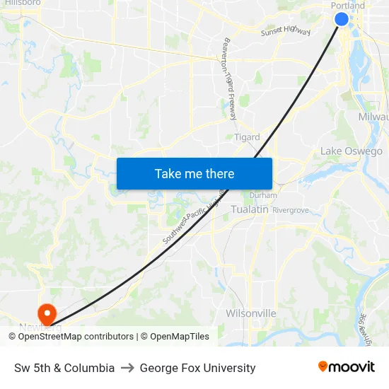 Sw 5th & Columbia to George Fox University map