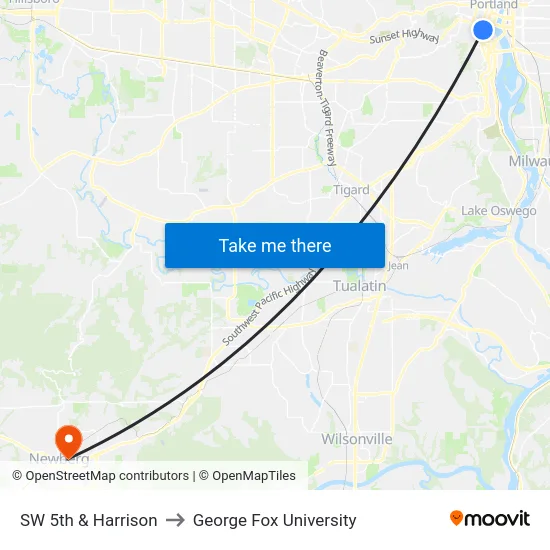 SW 5th & Harrison to George Fox University map