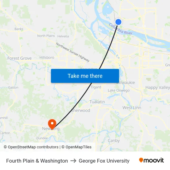 Fourth Plain & Washington to George Fox University map