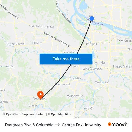 Evergreen Blvd & Columbia to George Fox University map