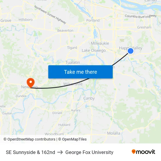 SE Sunnyside & 162nd to George Fox University map