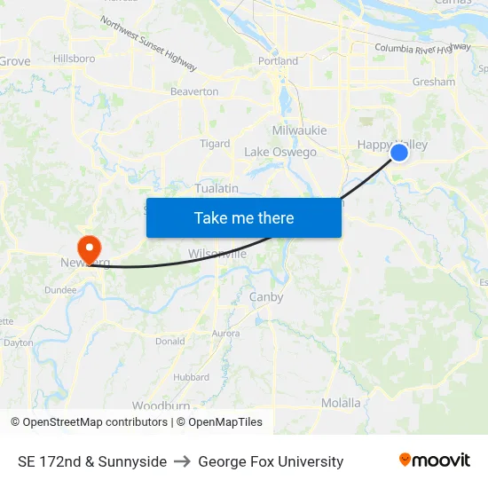 SE 172nd & Sunnyside to George Fox University map