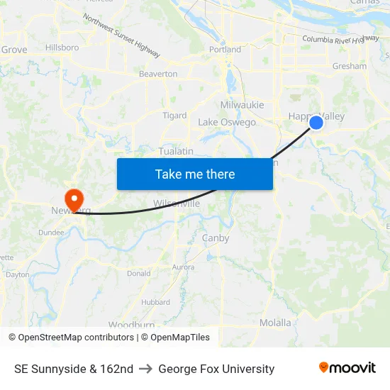 SE Sunnyside & 162nd to George Fox University map
