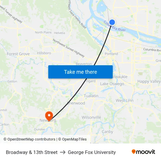 Broadway & 13th Street to George Fox University map