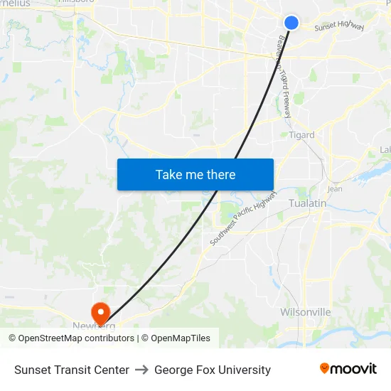 Sunset Transit Center to George Fox University map