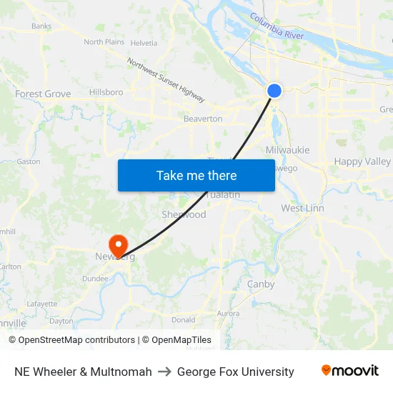 NE Wheeler & Multnomah to George Fox University map