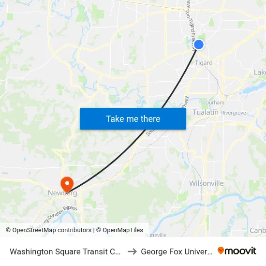 Washington Square Transit Center to George Fox University map