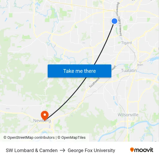 SW Lombard & Camden to George Fox University map