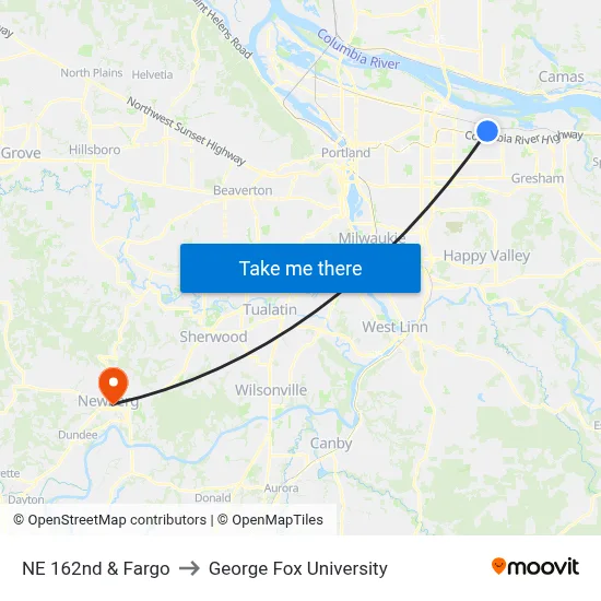 NE 162nd & Fargo to George Fox University map