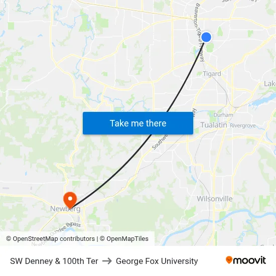 SW Denney & 100th Ter to George Fox University map