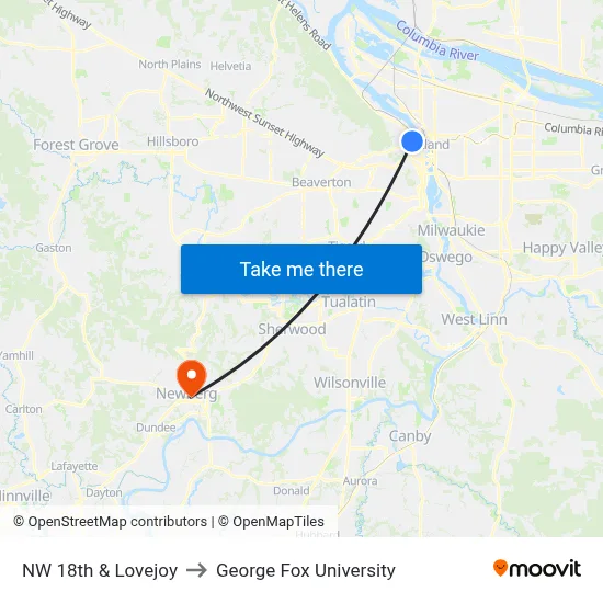 NW 18th & Lovejoy to George Fox University map