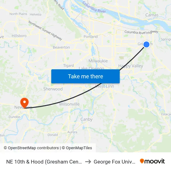 NE 10th & Hood (Gresham Central TC) to George Fox University map