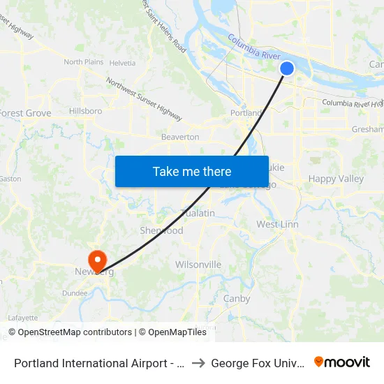 Portland International Airport - Arrivals to George Fox University map