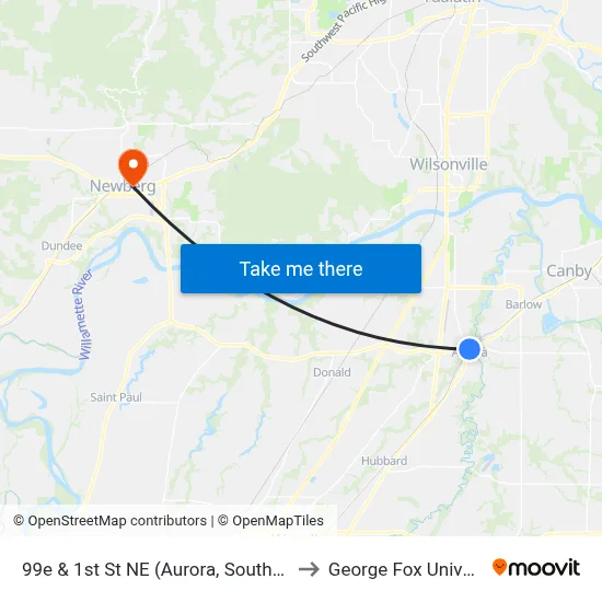 99e & 1st St NE (Aurora, Southbound) to George Fox University map