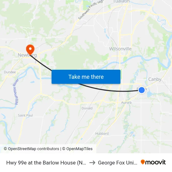 Hwy 99e at the Barlow House (Northbound) to George Fox University map