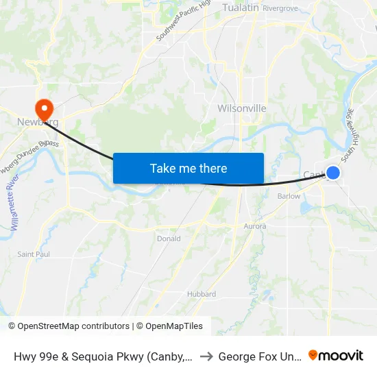 Hwy 99e & Sequoia Pkwy (Canby, Northbound) to George Fox University map