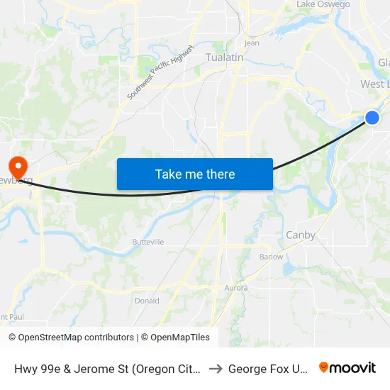 Hwy 99e & Jerome St (Oregon City, Southbound) to George Fox University map