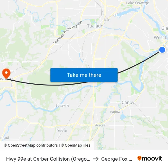 Hwy 99e at Gerber Collision (Oregon City, Northbound) to George Fox University map