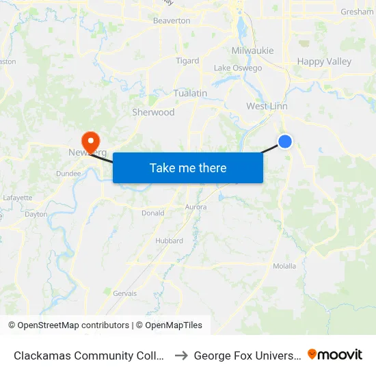 Clackamas Community College to George Fox University map