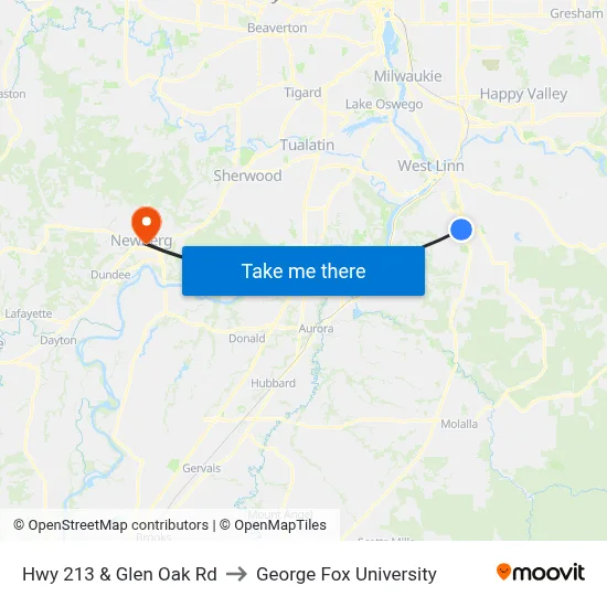 Hwy 213 & Glen Oak Rd to George Fox University map