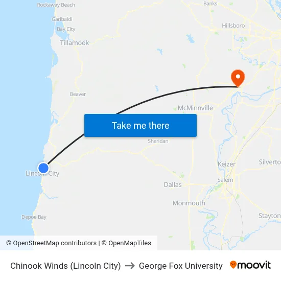 Chinook Winds (Lincoln City) to George Fox University map