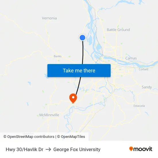 Hwy 30/Havlik Dr to George Fox University map