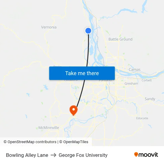 Bowling Alley Lane to George Fox University map
