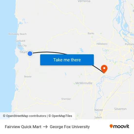 Fairview Quick Mart to George Fox University map