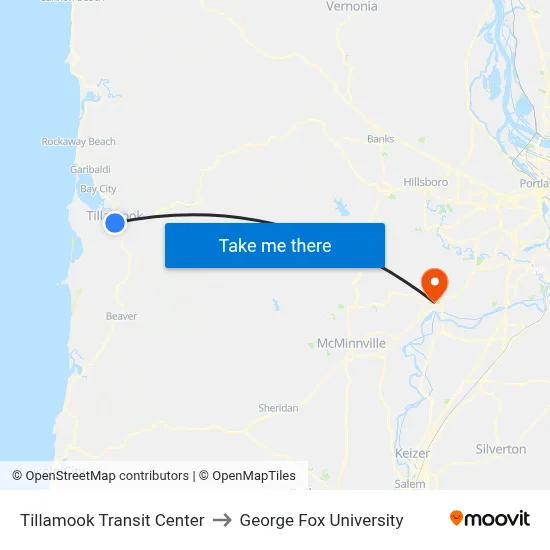 Tillamook Transit Center to George Fox University map