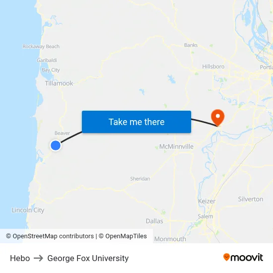 Hebo to George Fox University map