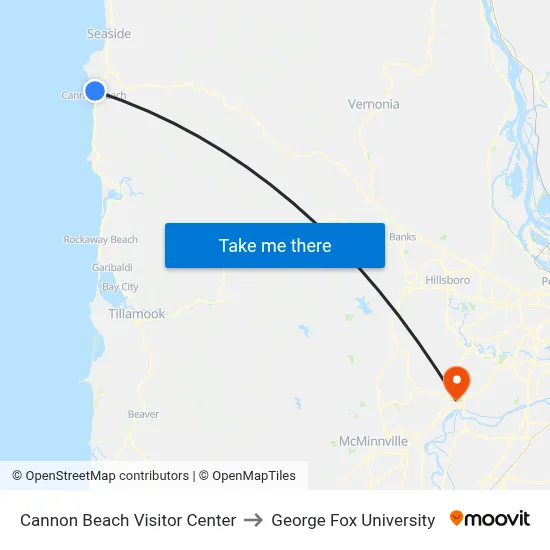 Cannon Beach Visitor Center to George Fox University map