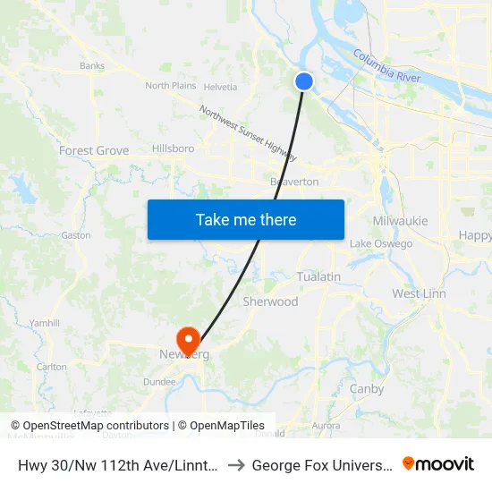 Hwy 30/Nw 112th Ave/Linnton to George Fox University map