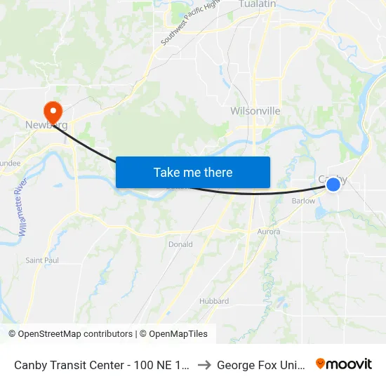 Canby Transit Center - 100 NE 1st Avenue to George Fox University map