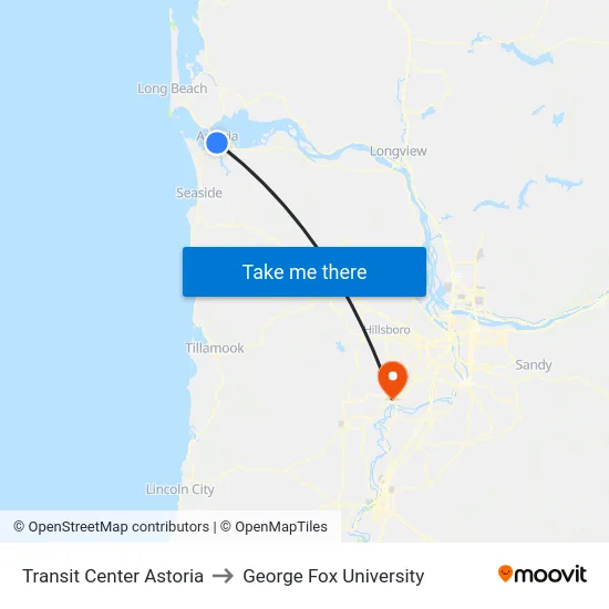 Transit Center Astoria to George Fox University map