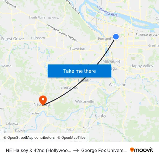 NE Halsey & 42nd (Hollywood) to George Fox University map