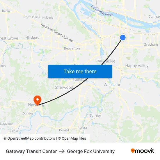 Gateway Transit Center to George Fox University map