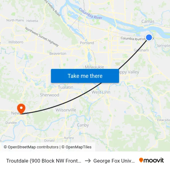 Troutdale (900 Block NW Frontage Rd) to George Fox University map