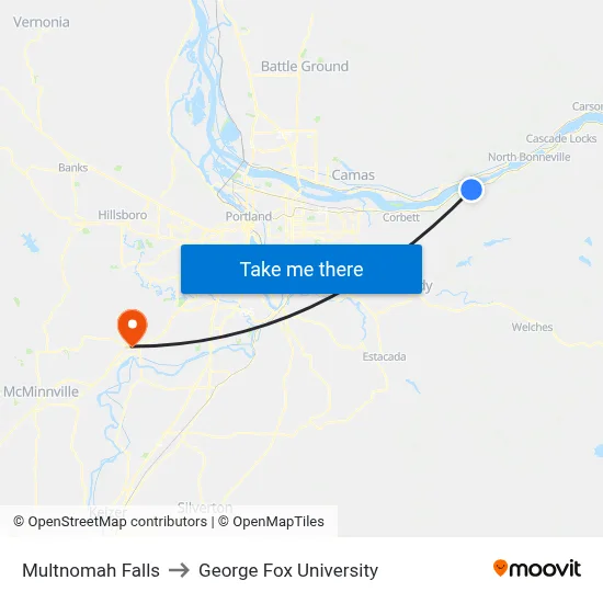 Multnomah Falls to George Fox University map
