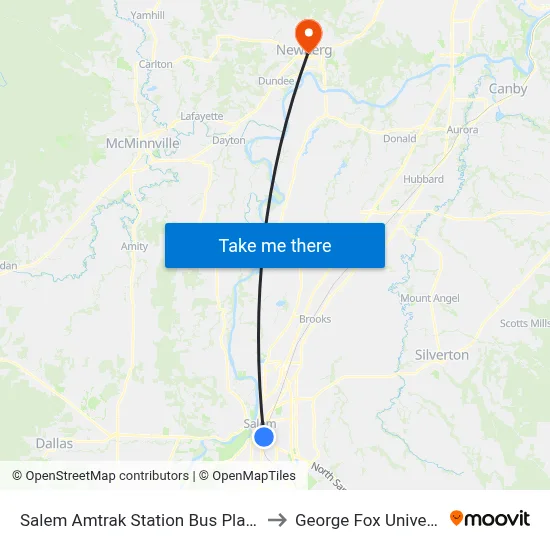 Salem Amtrak Station Bus Platform to George Fox University map
