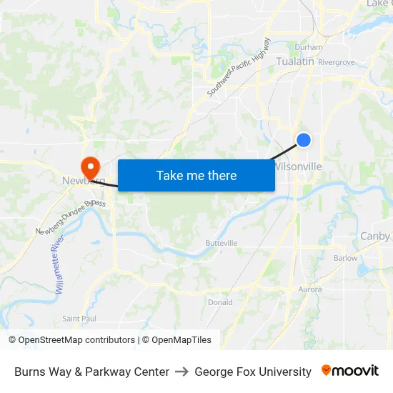 Burns Way & Parkway Center to George Fox University map