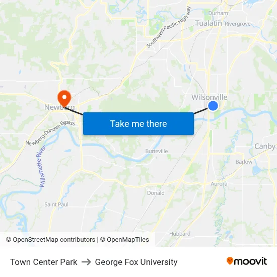 Town Center Park to George Fox University map