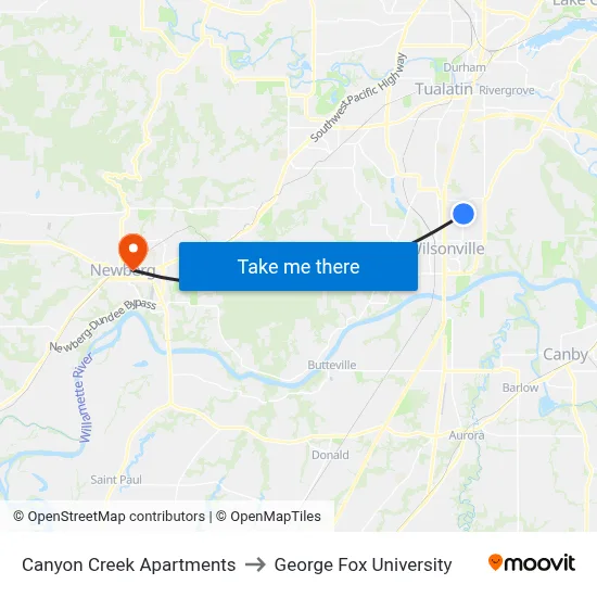 Canyon Creek Apartments to George Fox University map