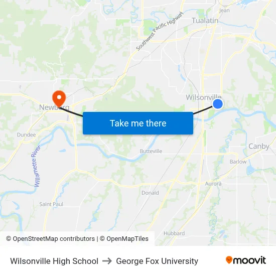 Wilsonville High School to George Fox University map