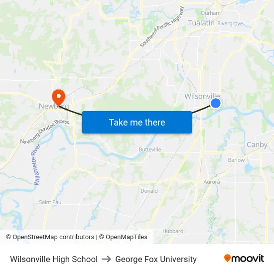 Wilsonville High School to George Fox University map
